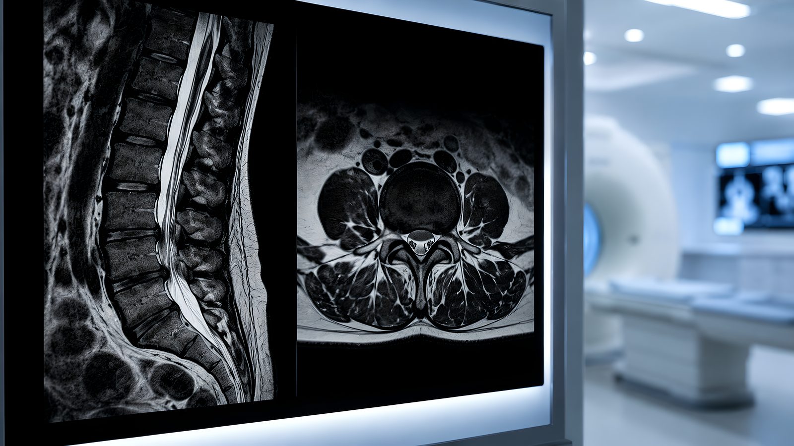 Sagittal and axial lumbar spine MRI views on a clinical display in an imaging suite — Orthopedics 214: Cauda Equina & Lumbar Radiculopathy, a 2-hour chiropractic CE course