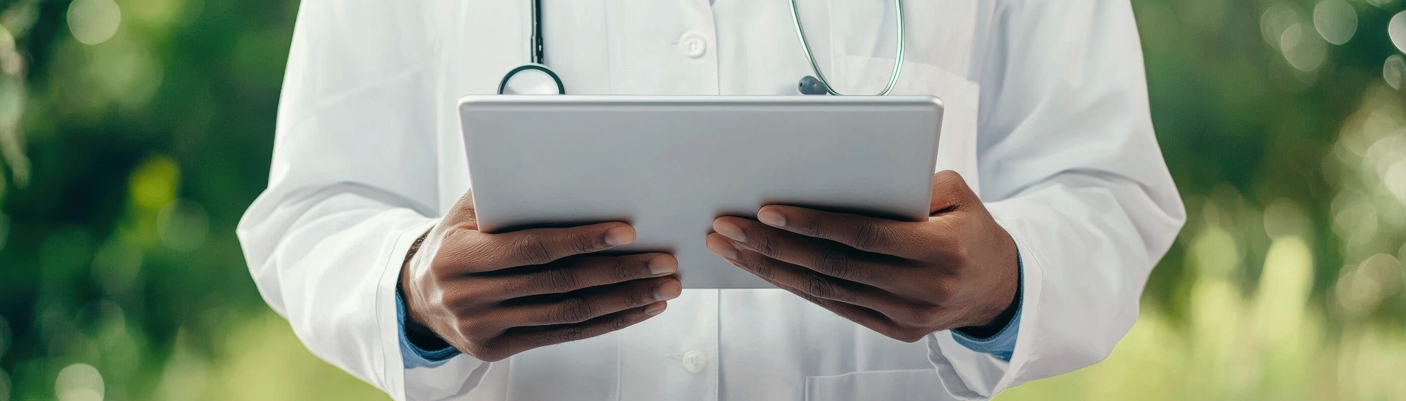 Chiropractor in a white coat holding a digital tablet for patient documentation and risk management, representing best practices in chiropractic record-keeping.