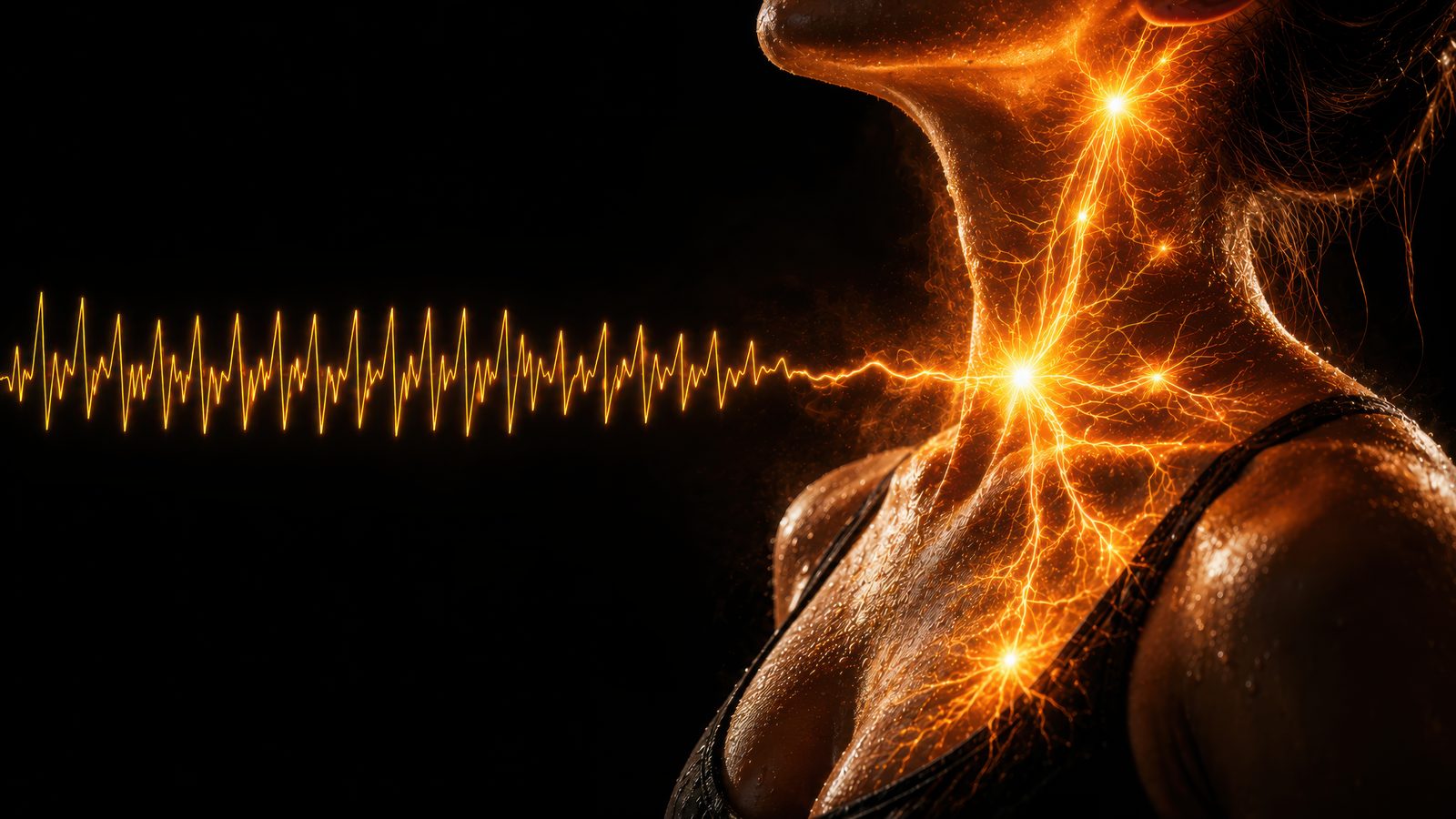 Glowing nerve pathways illuminating the cervical region of a person's neck with a heart-rhythm waveform tracing across a black background — Orthopedics 220: Cervicovagopathy, a 2-hour chiropractic CE course on the vagus nerve