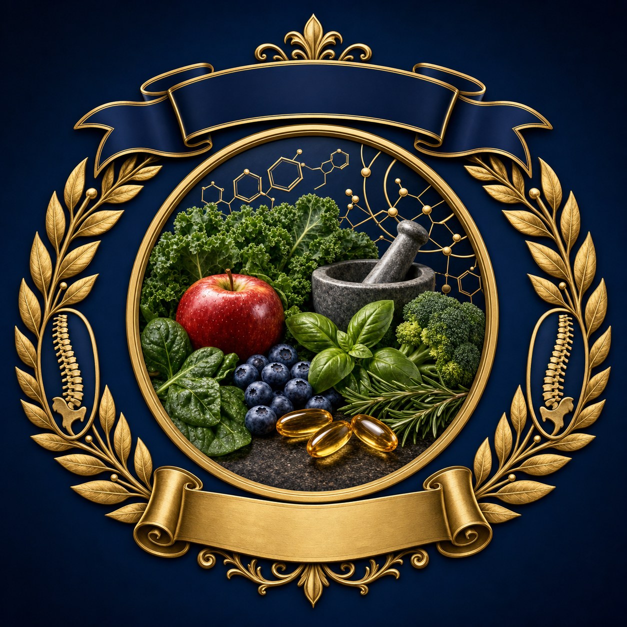 Clinical Nutrition certification heraldic emblem with whole-food still life, gold spine icons, laurel wreath — CCEDseminars CNC program