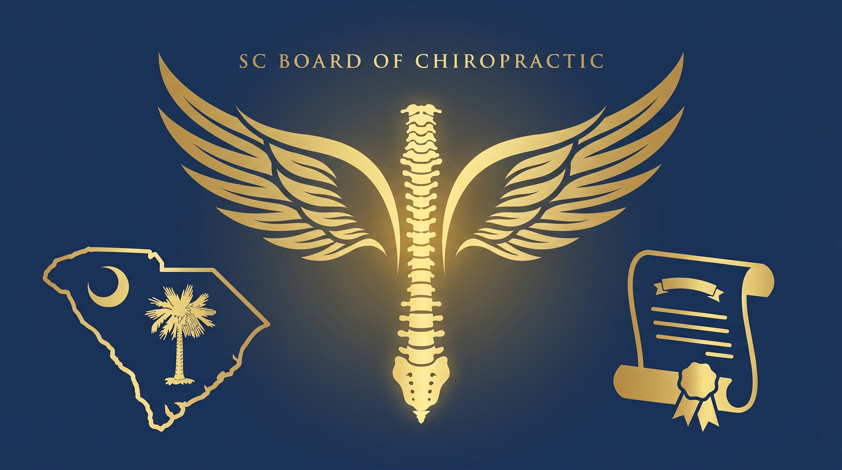 South Carolina Board of Chiropractic Examiners chiropractic continuing education hero graphic showing South Carolina state silhouette with Palmetto tree and Crescent Moon emblem, golden chiropractic winged spine insignia, and certified chiropractic continuing education scroll on deep navy background