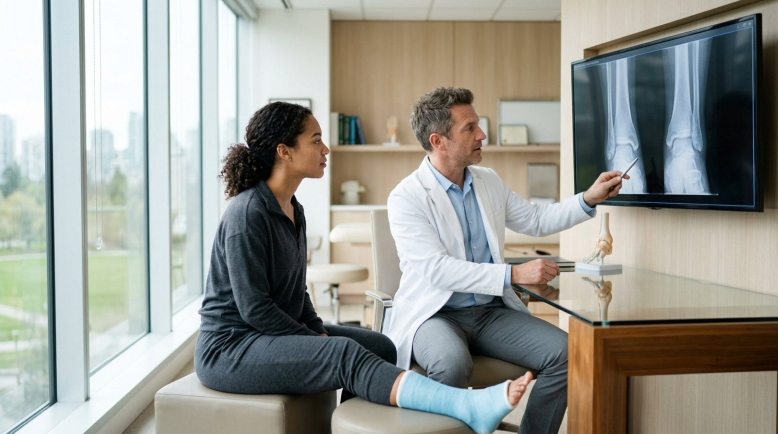 Clinician in a white coat pointing a pen at bilateral ankle radiographs on a wall-mounted monitor while a seated patient in a blue short-leg cast looks on, an ankle model on the desk — the ankle and lower leg examination, the subject of Physical Examination 206: Knee and Lower Leg, a two-hour chiropractic CE course from CCEDseminars