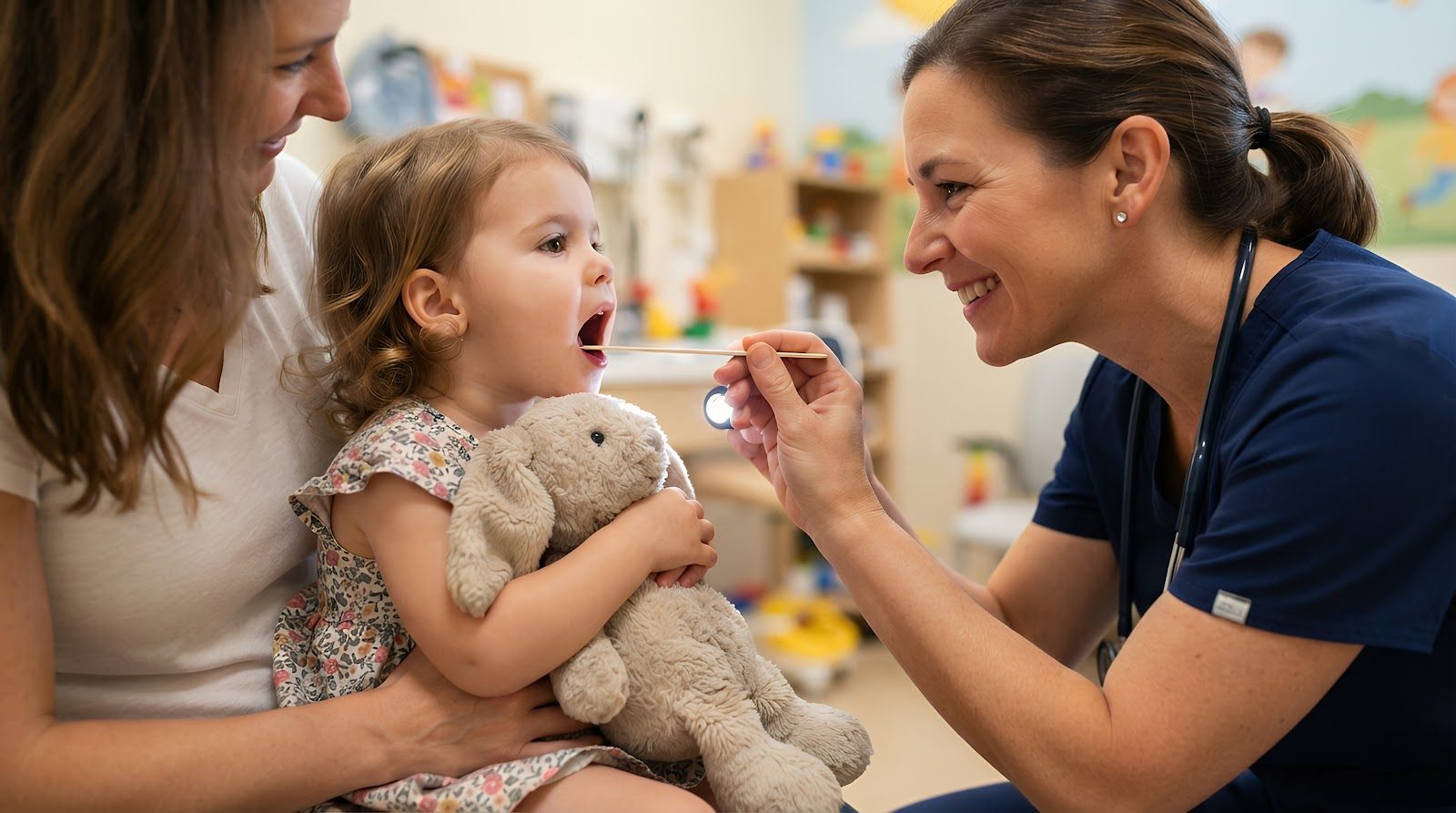 Clinician examining a young child who is holding a teddy bear during a pediatric visit