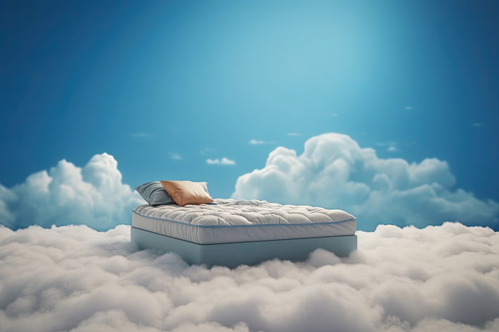 White mattress with pillows resting on a bed of soft clouds beneath a clear blue sky, a surreal image of restful sleep