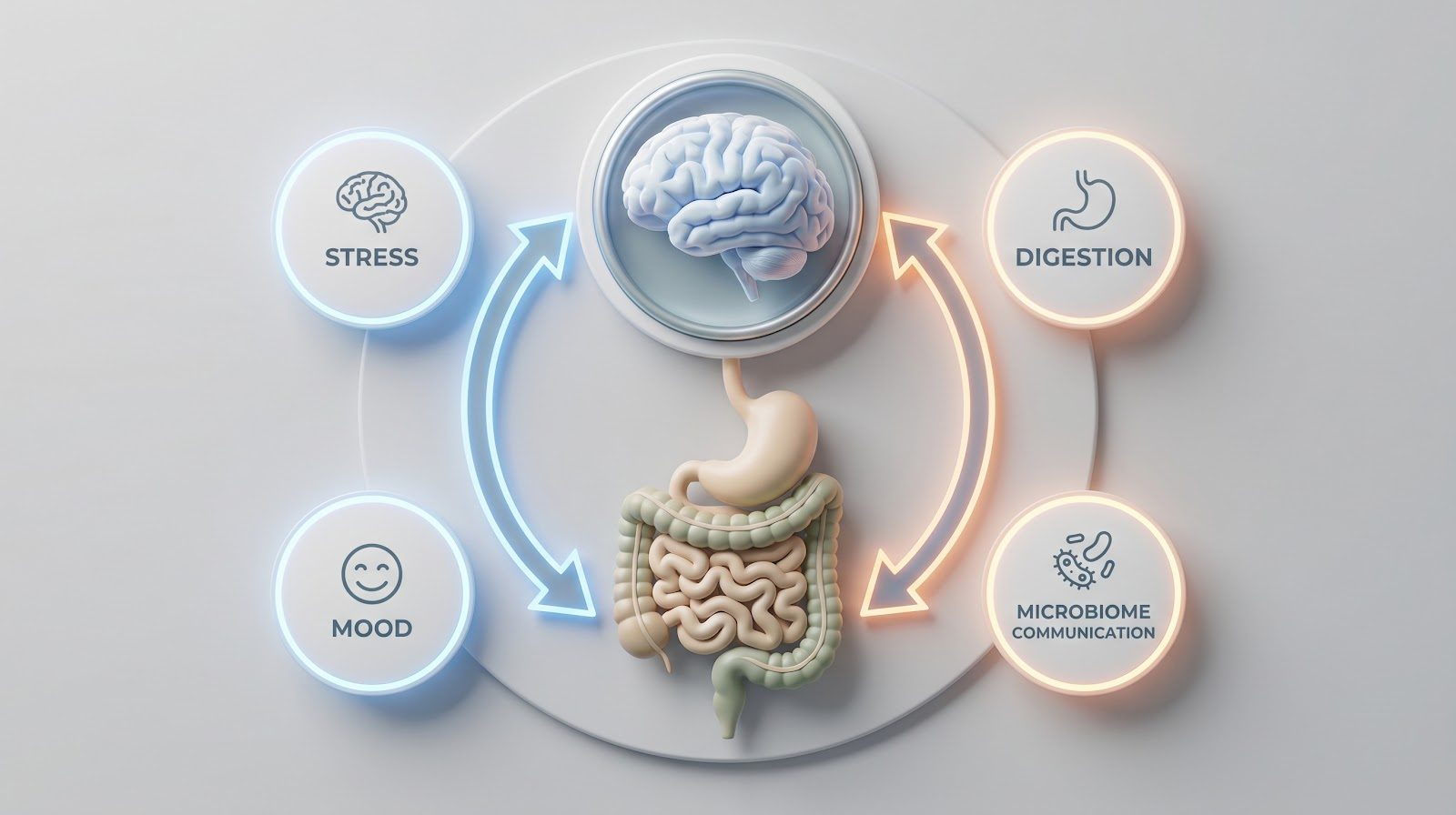 Circular 3D diagram showing the brain and gut as a two-way communication loop with labeled icons for stress, mood, digestion and hormones — the stress physiology and HPA axis that Nutrition 204 teaches chiropractors to manage nutritionally