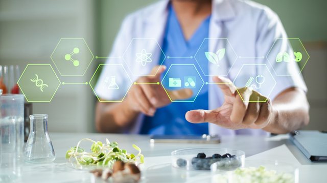 Clinician interacting with holographic functional medicine nutrition icons including DNA, molecules, and plant-based food elements — Clinical Nutrition Certification CNC program by CCEDseminars, 48 PACE-approved CE hours led by Howard Benedikt DC DCBCN