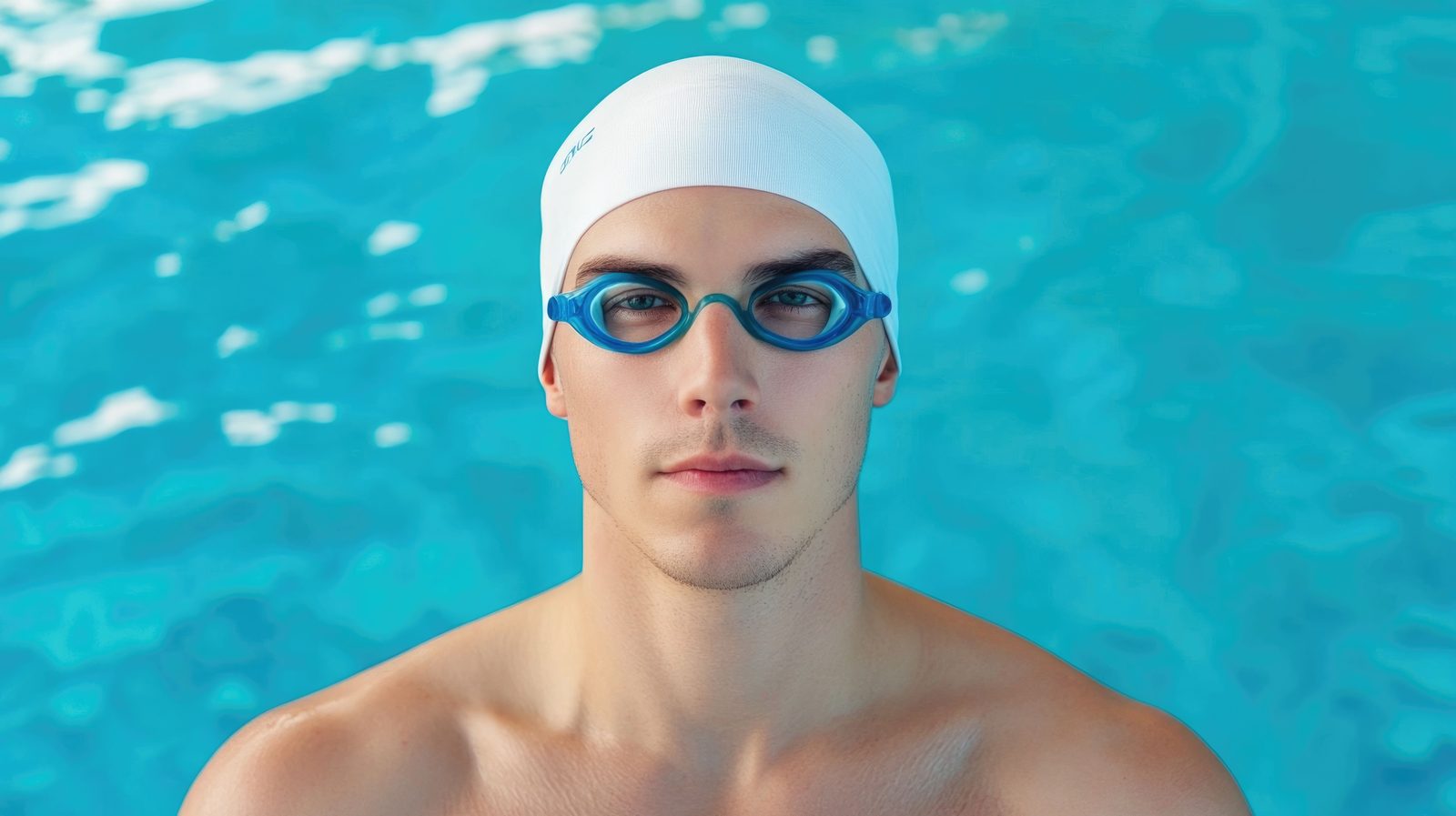 Competitive swimmer in a white cap and blue goggles standing chest-deep in a turquoise pool &mdash; Athletic Injuries 204: Swimming Injuries online chiropractic sports medicine CE course