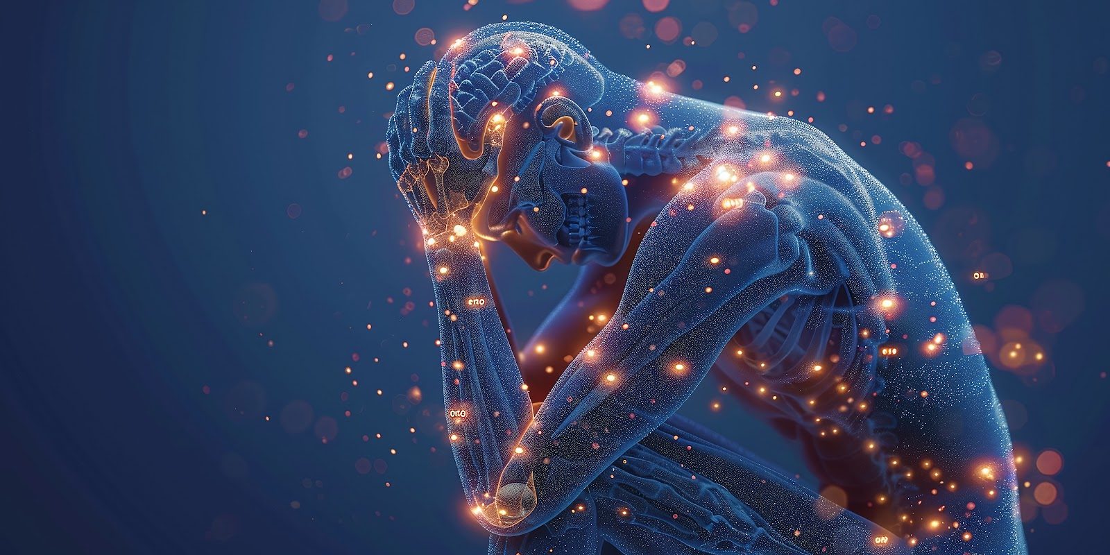 A translucent human figure hunched over with head in hands, lit by scattered points of orange light along the body against a dark blue field — the acute and chronic pain patterns that Nutrition 245 teaches chiropractors to manage with natural remedies