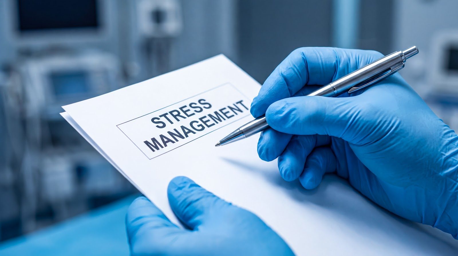 Gloved clinician's hand writing Stress Management on a clipboard with a pen in a bright clinical setting