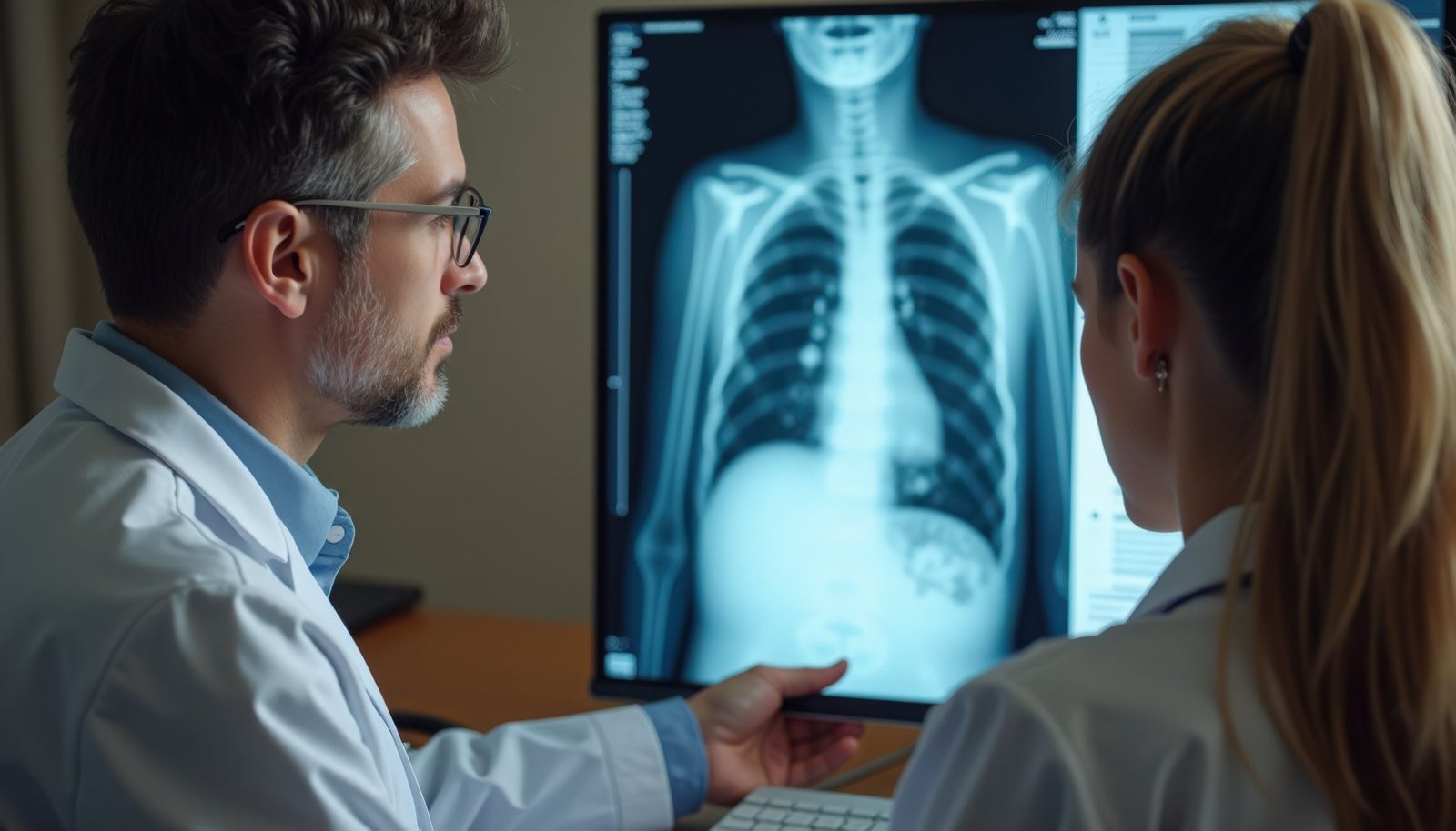 Two clinicians in white coats reviewing a chest radiograph on a monitor, the doctor pointing a pen at the lower ribs and thoracic spine — the thoracic spine and rib cage examination, the subject of Physical Examination 207: Thoracic Spine and Rib Cage, a two-hour chiropractic CE course from CCEDseminars