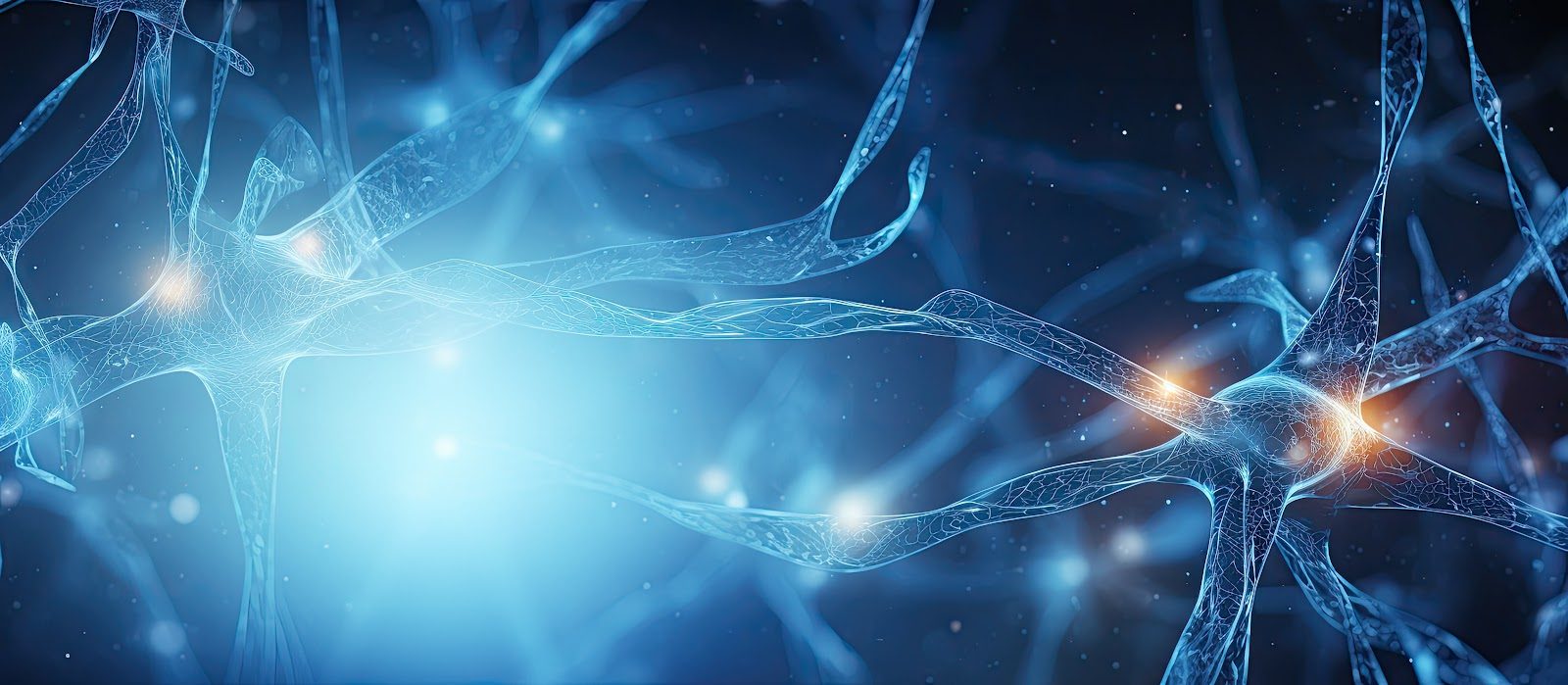 Network of glowing blue neurons with visible axons and bright synaptic points against a dark background