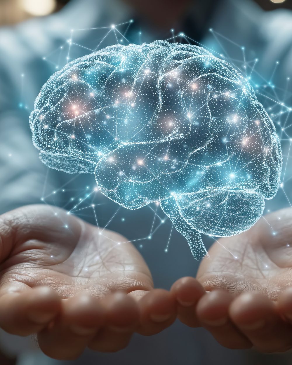Hands presenting a holographic neural-network brain — chiropractic neurology CE courses; CCEDseminars category page