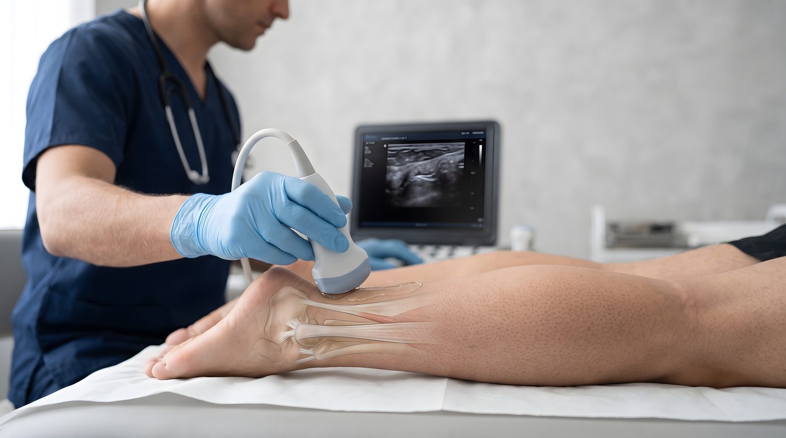 Clinician performing a diagnostic ultrasound examination of a patient's Achilles tendon with an anatomical overlay of the tendon and an ultrasound monitor in the background — Orthopedics 217: Achilles Tendinitis, a 2-hour chiropractic CE course