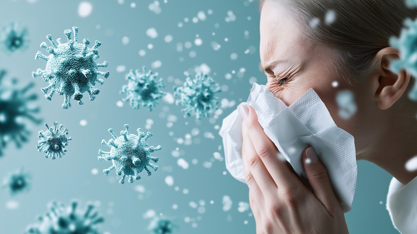 A young woman blowing her nose into a tissue while blue-green virus particles drift around her — the cold-and-flu season immune challenge that Nutrition 246 teaches chiropractors to meet with nutrition and chiropractic care