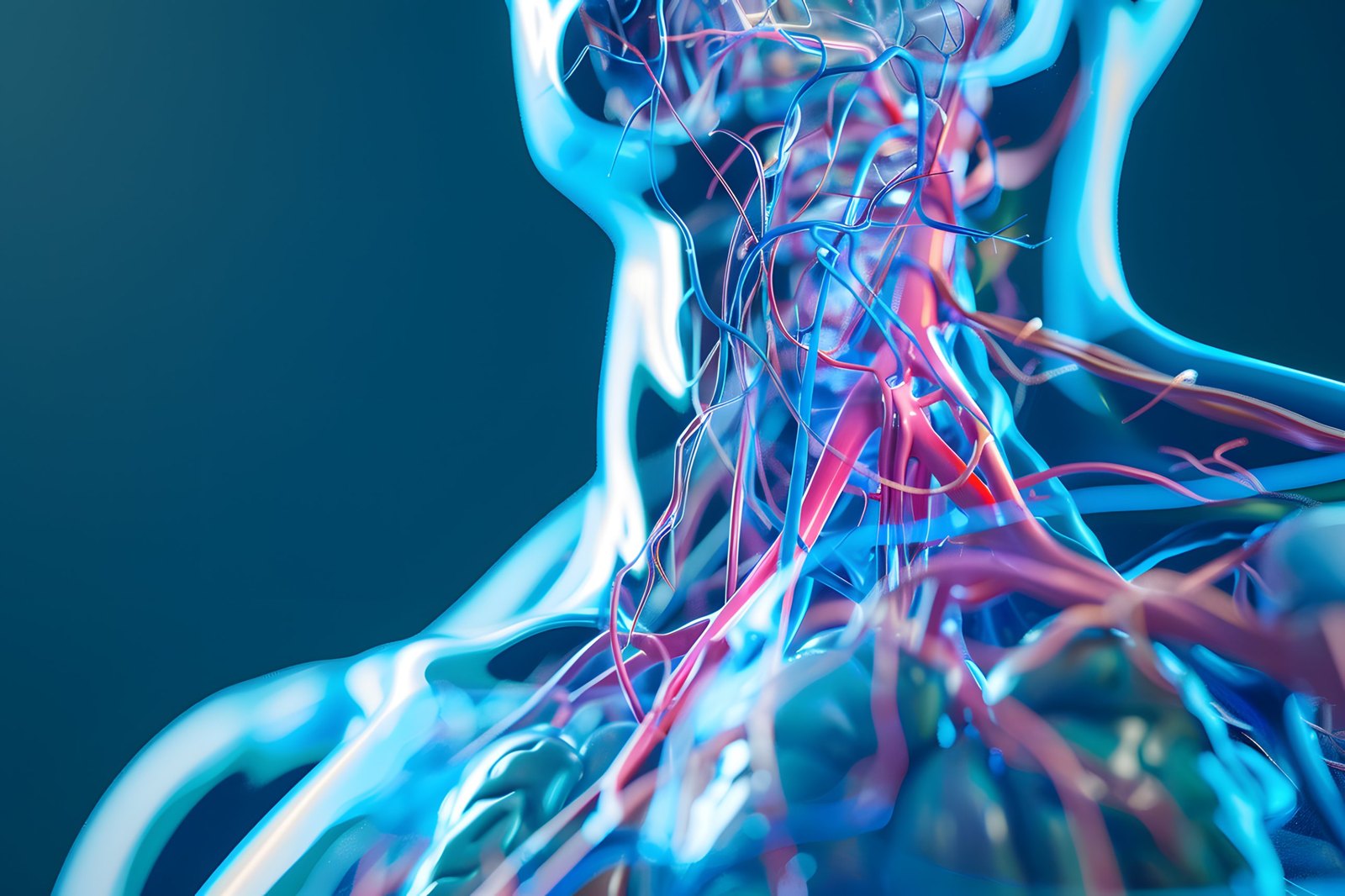 Translucent three-dimensional rendering of the neck and shoulder girdle with the nerves and blood vessels of the cervical and brachial region traced in blue and red against a dark blue background — the nerves examined in Physical Examination 211: Upper Body Nerve Entrapment, a two-hour chiropractic CE course from CCEDseminars
