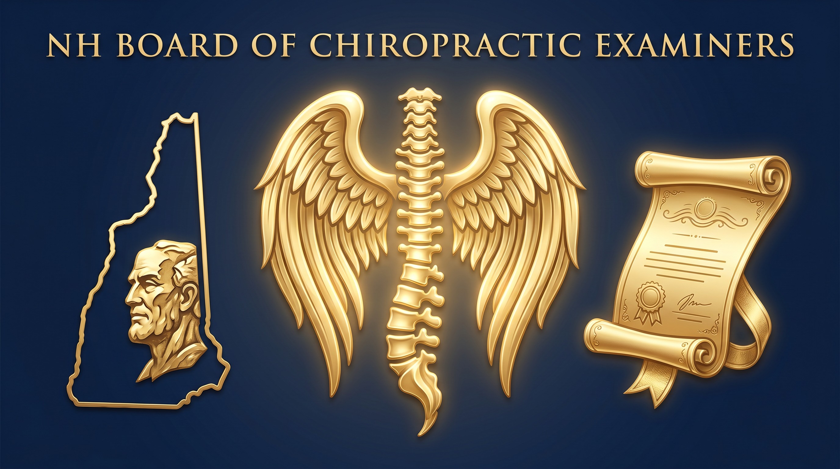 New Hampshire Board of Chiropractic Examiners chiropractic continuing education hero graphic showing New Hampshire state silhouette with golden Old Man of the Mountain granite profile emblem, golden chiropractic winged spine insignia, and certified chiropractic continuing education scroll on deep navy background