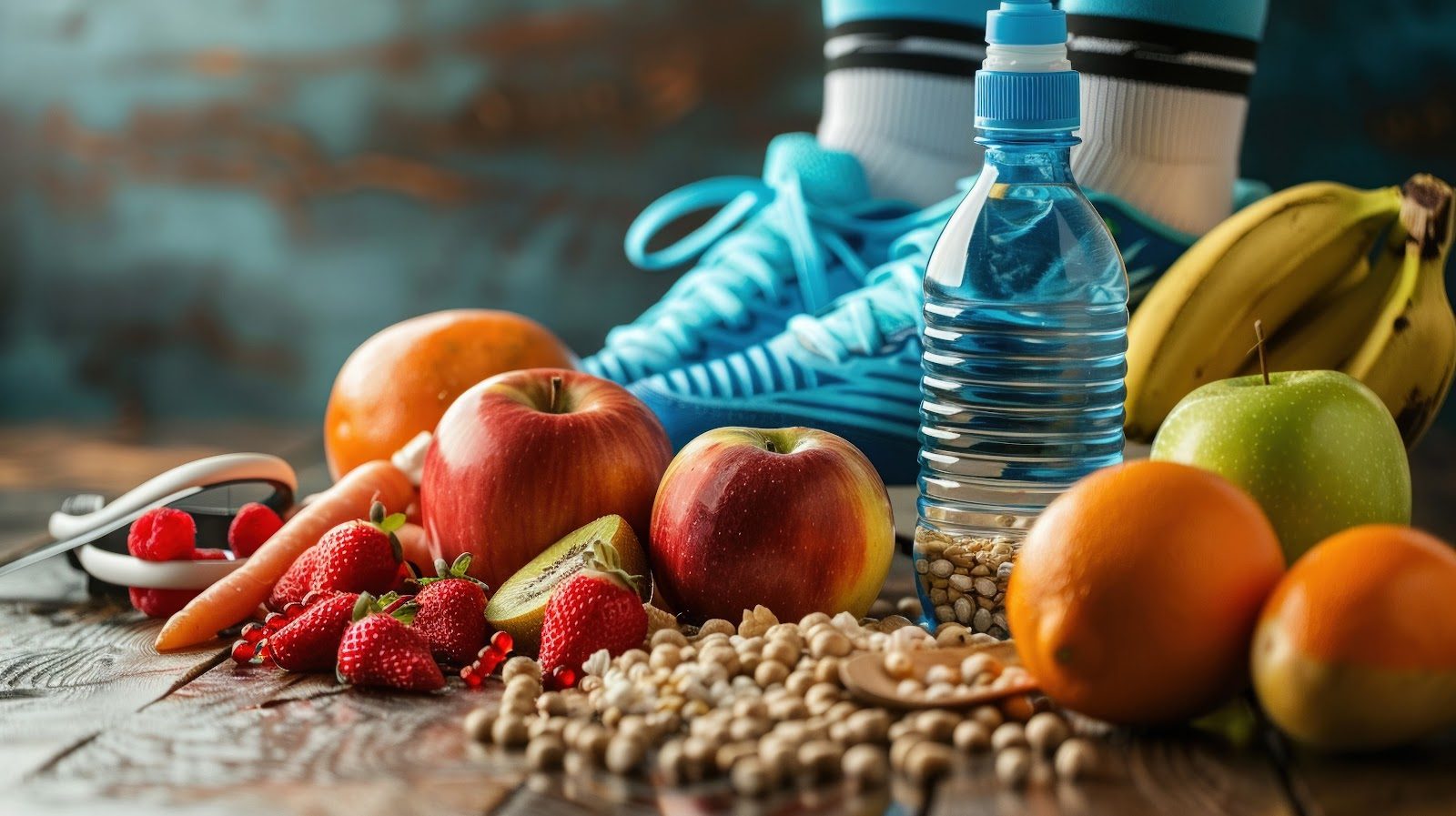 Fresh fruit, vegetables, nuts, a water bottle and a pair of athletic shoes arranged on a wooden table — the recovery nutrition for the injured athlete that Nutrition 229 teaches chiropractors across the phases of soft-tissue healing