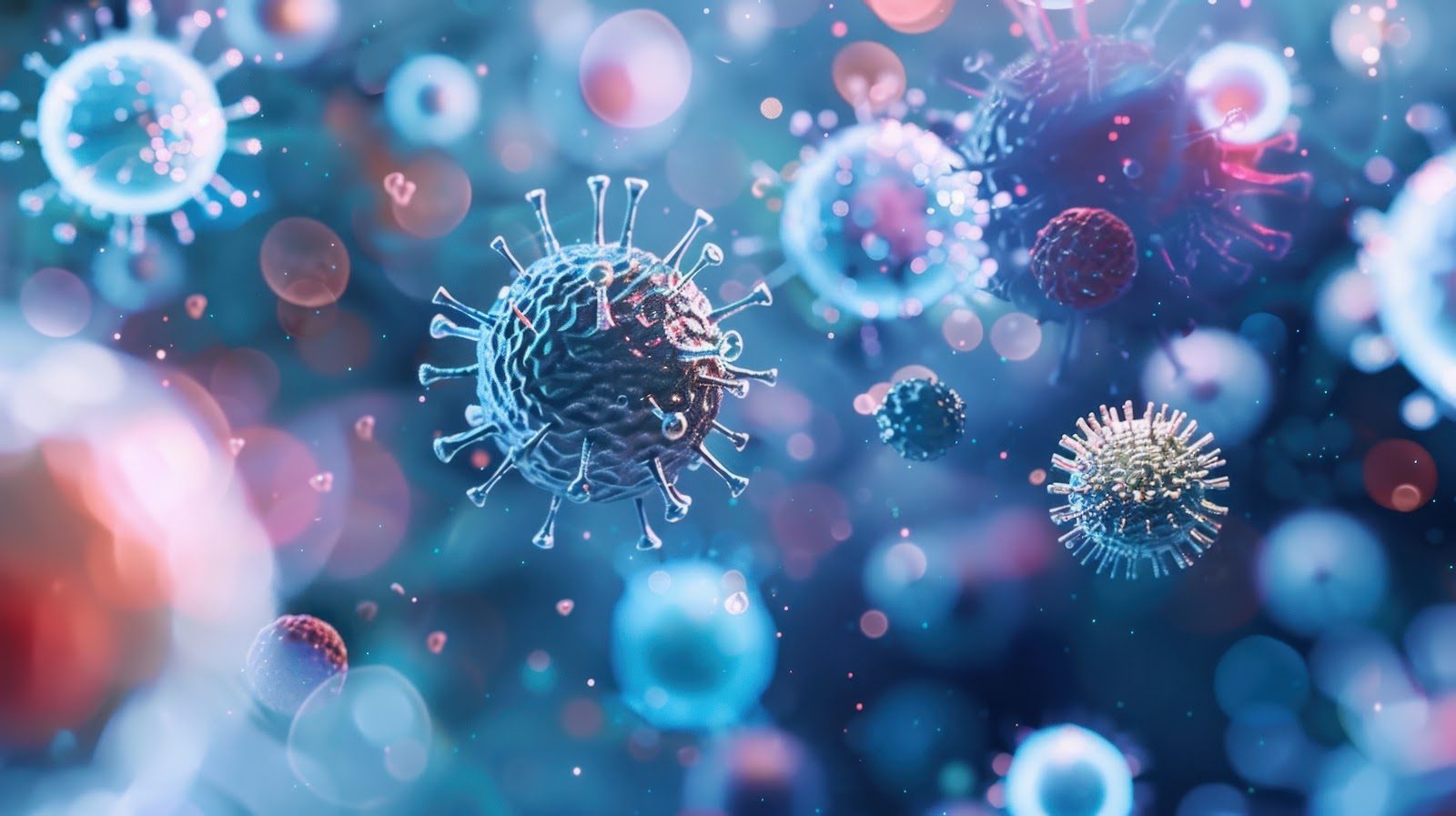 3D illustration of blue virus particles and immune cells drifting through the bloodstream — the immune response Nutrition 209 teaches chiropractors to support through the gut-immune axis and targeted micronutrients