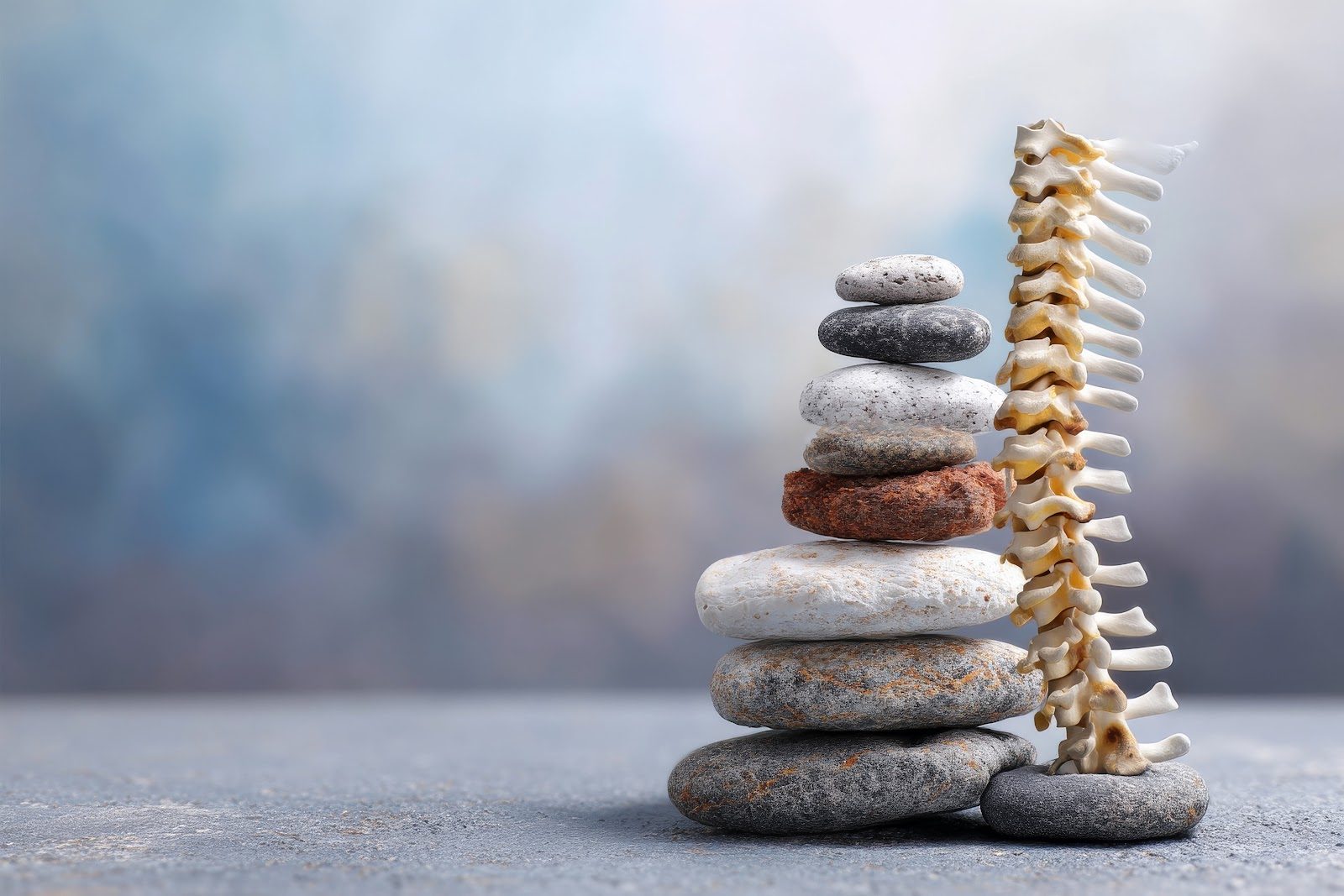 Stack of balanced stones beside a model of the human spine, spinal wellness concept