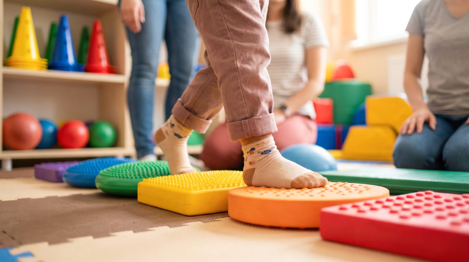 Young child in socks stepping across a row of colorful textured balance pods on a padded floor while two clinicians guide the exercise — Functional Movement: Evidence-Based Protocols live chiropractic CE webinar with Dr. Dennis O'Hara, November 12, 2026, CCEDseminars