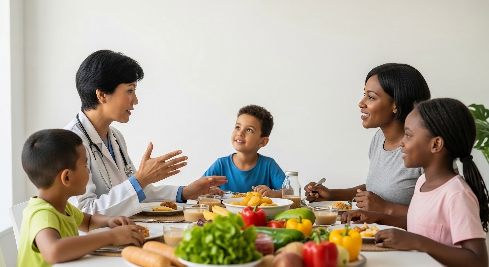 A physician in a white coat at a family table with three children and a mother, a spread of fresh vegetables in front of them — the family-based pediatric nutrition counseling on fast food, immunity, learning disorders and food allergies that Nutrition 236 teaches chiropractors