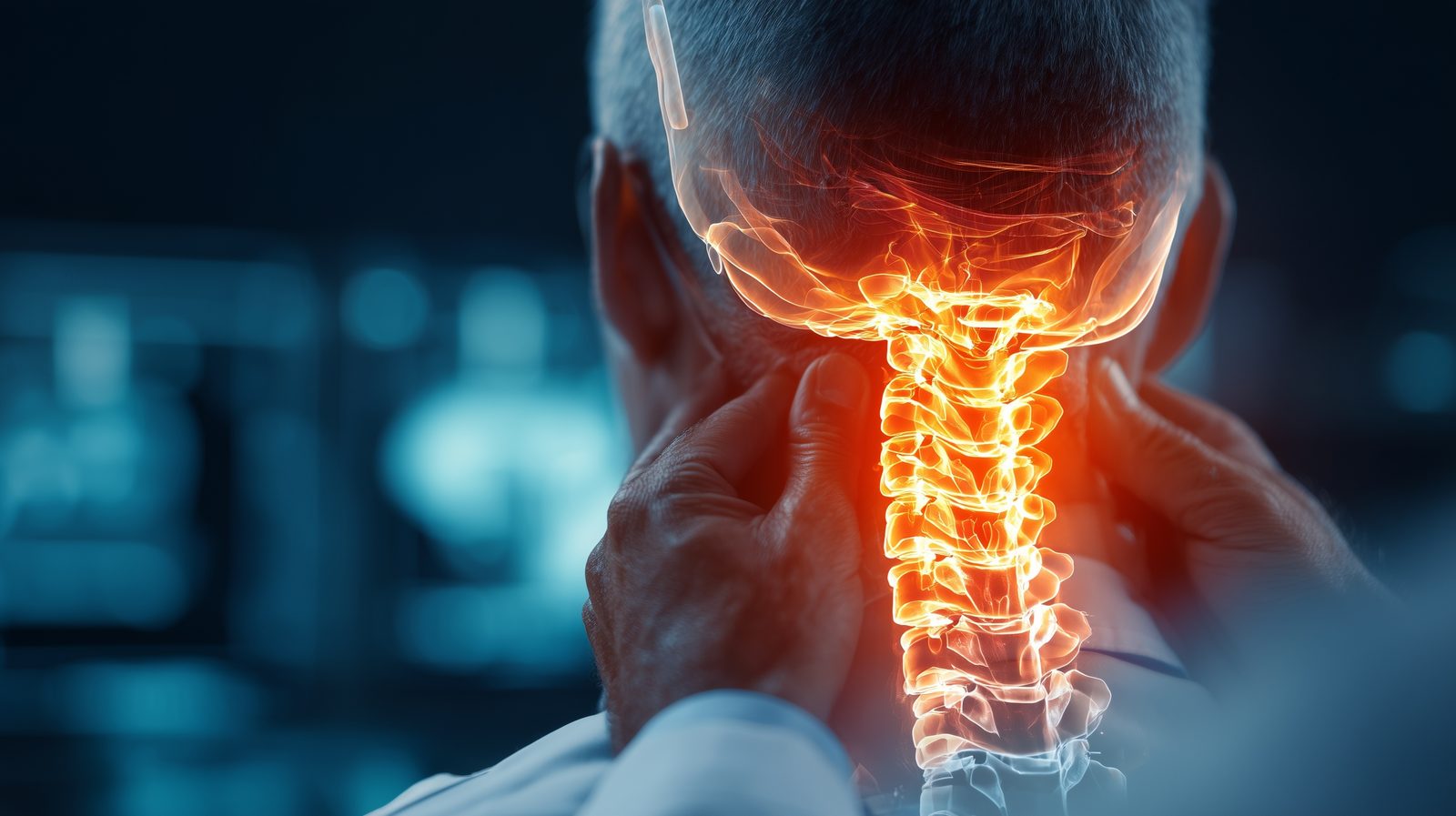 Rear view of a man gripping the back of his neck with both hands, a glowing orange overlay revealing the cervical vertebrae — Case Studies & Clinical Pearls 208: The Cervical Spine II, online chiropractic CE course on cervical radiculopathy, myelopathy, and vertebral artery screening