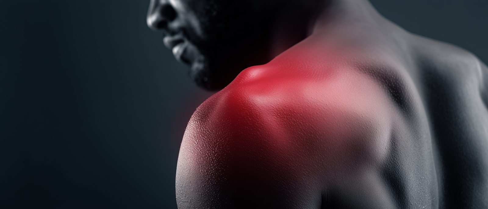 Muscular athlete viewed from behind with the trapezius and shoulder highlighted in red to indicate pain &mdash; Athletic Injuries 207: Weight Lifting online chiropractic sports medicine CE course