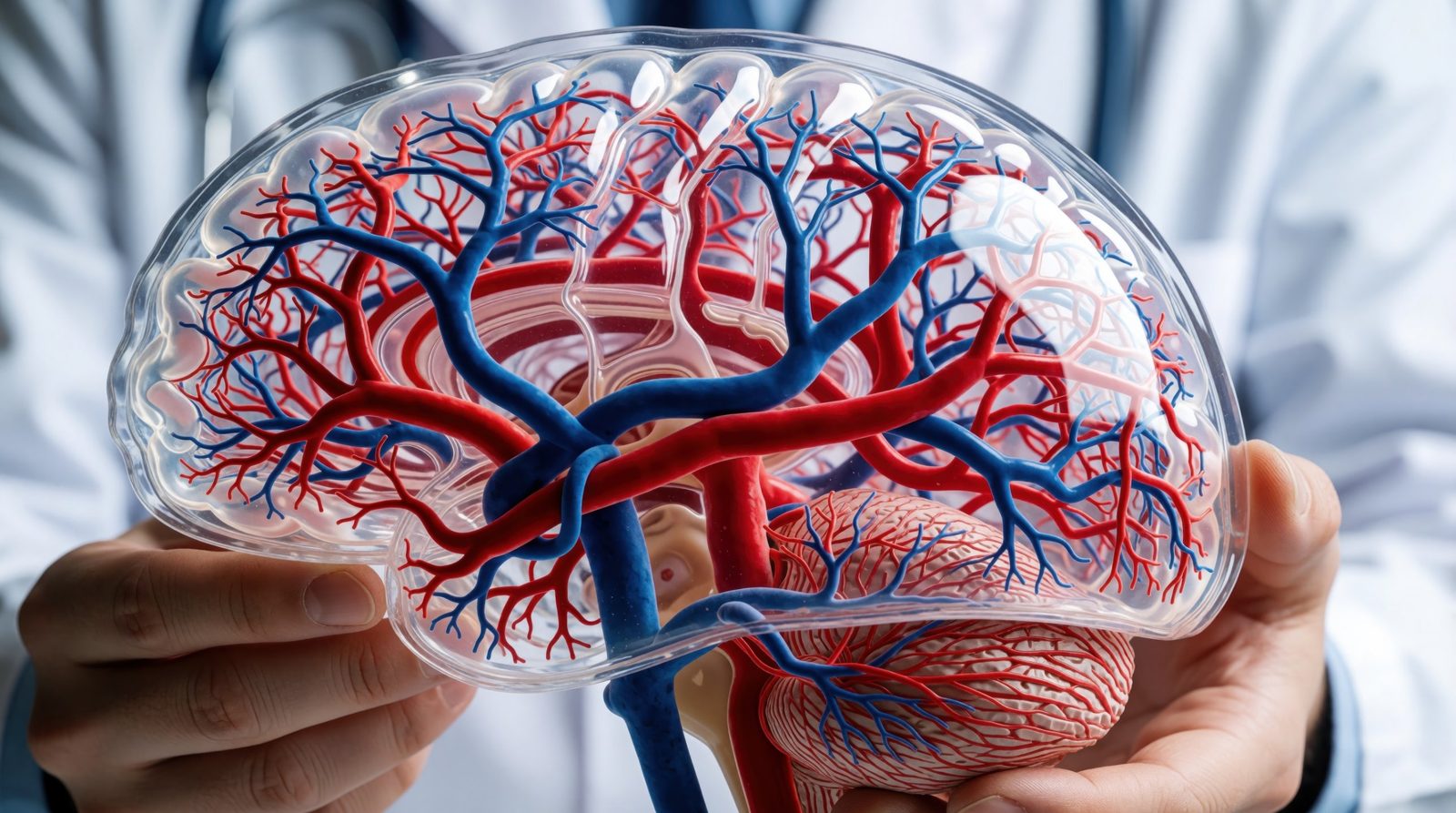 Clinician in a white coat holding a transparent model of the human brain with its arteries in red and veins in blue branching through the hemispheres, brainstem and cerebellum — the cerebrovascular anatomy behind stroke and cervical artery dissection, the subject of Physical Examination 204: Cerebral and Vascular Risks, a two-hour chiropractic CE course from CCEDseminars