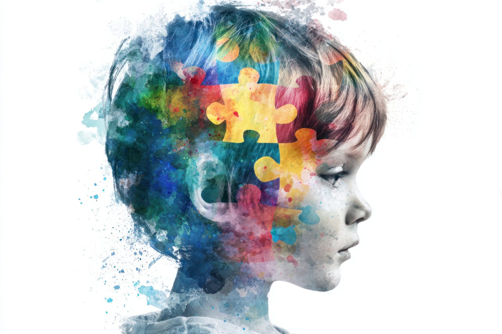 Profile of a young child with watercolor splashes and puzzle pieces painted across the head — a picture of the developing brain examined in Pediatrics 216, a pediatric ADD/ADHD chiropractic CE course from CCEDseminars