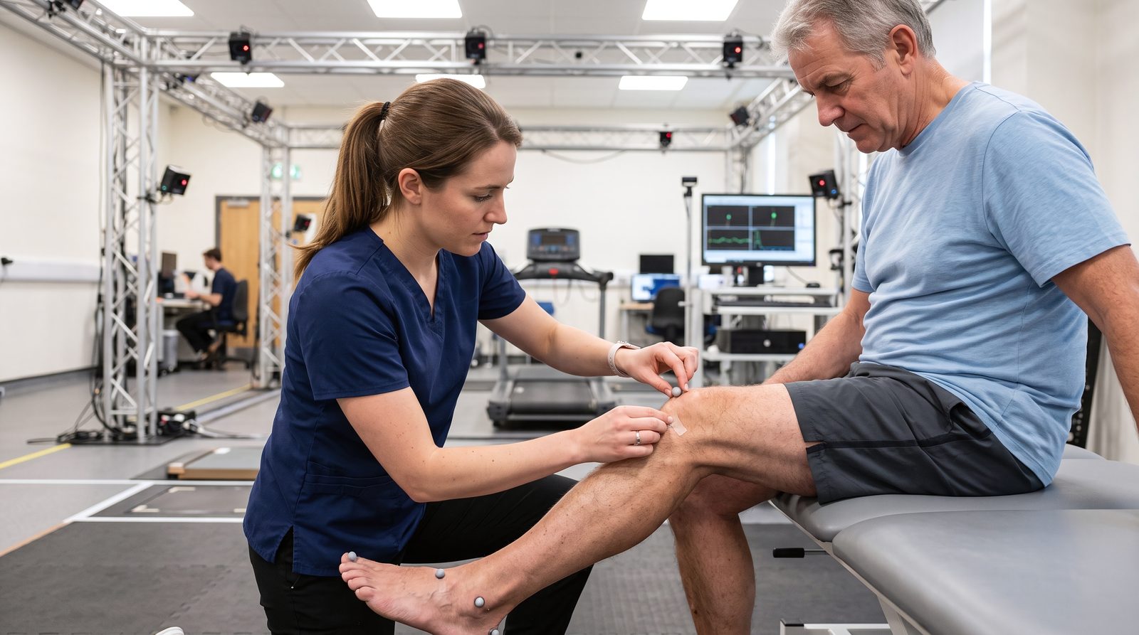 Clinician in scrubs placing reflective motion-capture markers on a seated patient's knee and foot in a gait analysis laboratory — Case Studies & Clinical Pearls 212: Lower Extremity Conditions II, online chiropractic CE course on hip, ankle, and gait mechanics