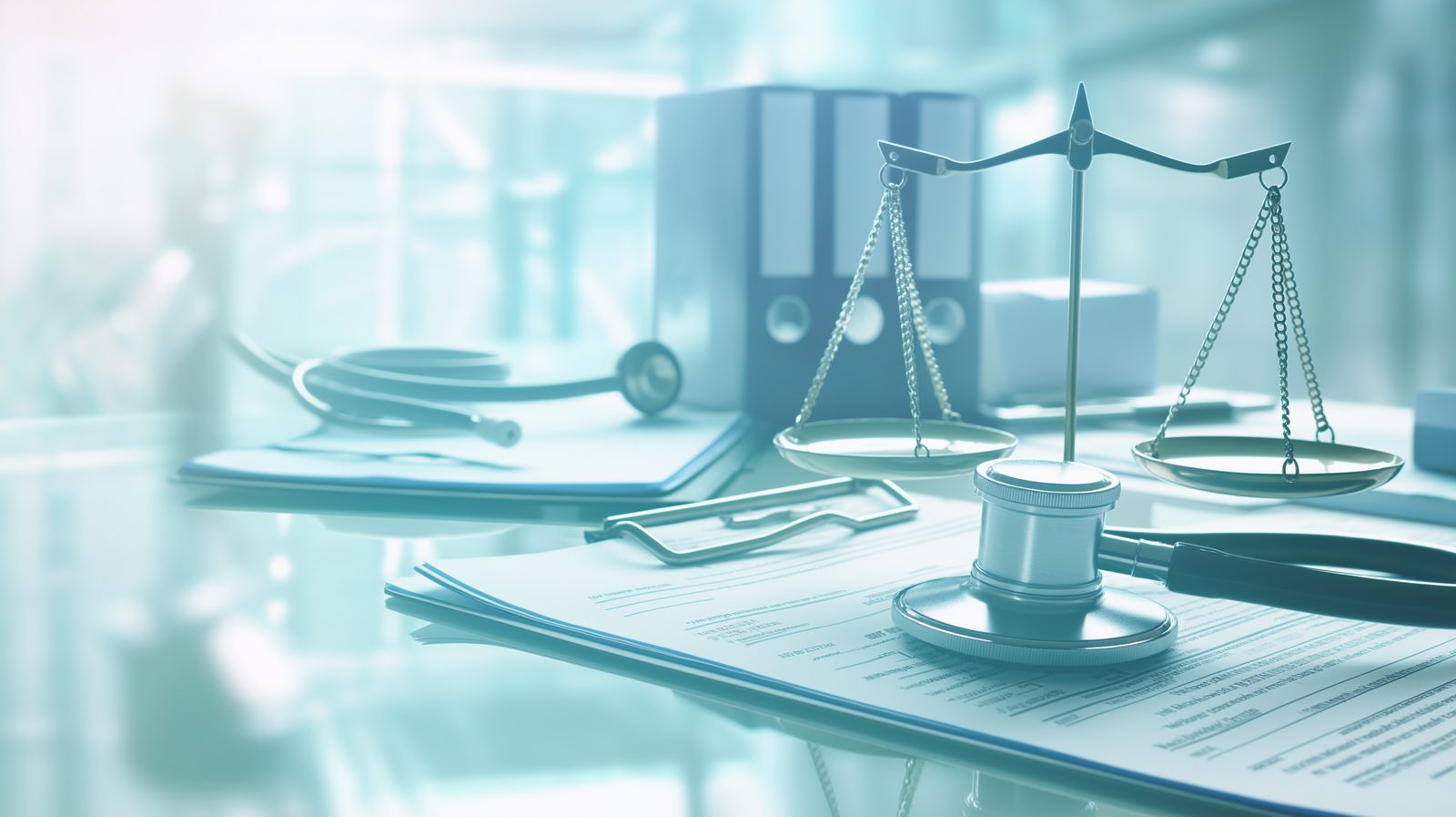 Scales of justice beside a stethoscope and patient records on a clinic desk — Ethics: TBCE Required & PACE Approved live chiropractic CE webinar with Dr. Michael Hall, CCEDseminars