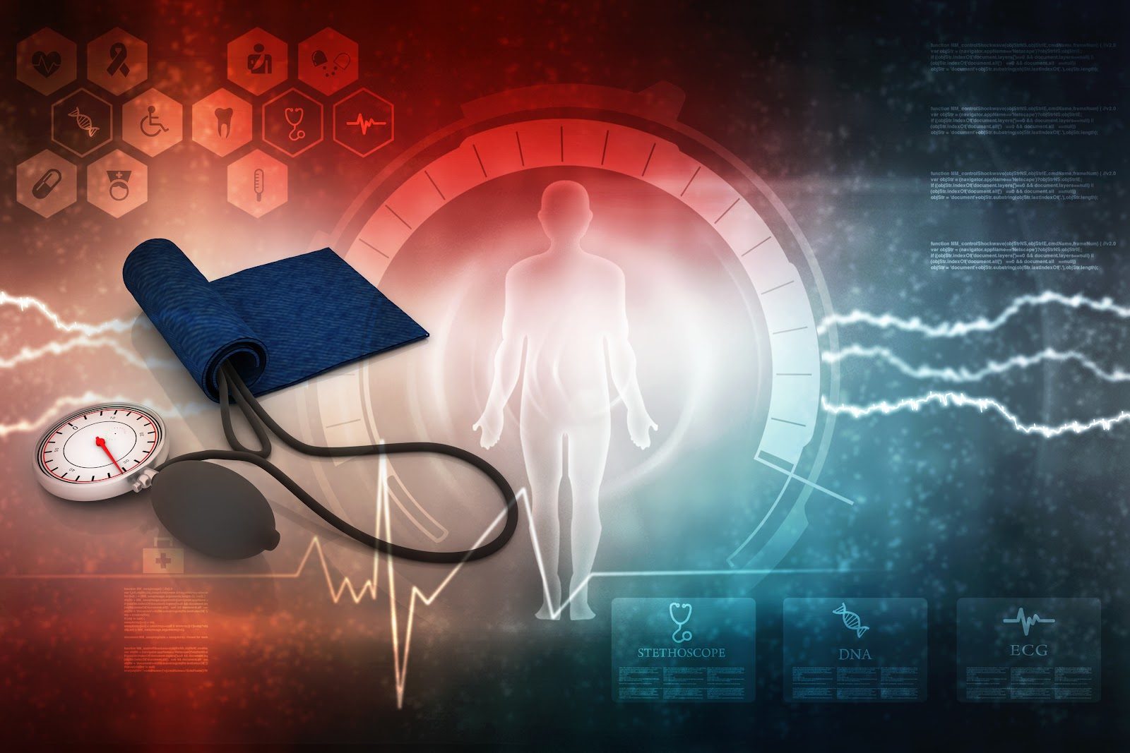 Medical infographic showing a blue blood pressure cuff and sphygmomanometer gauge beside a glowing human silhouette on a red-to-blue gradient dial, with ECG waveforms and clinical icons around it