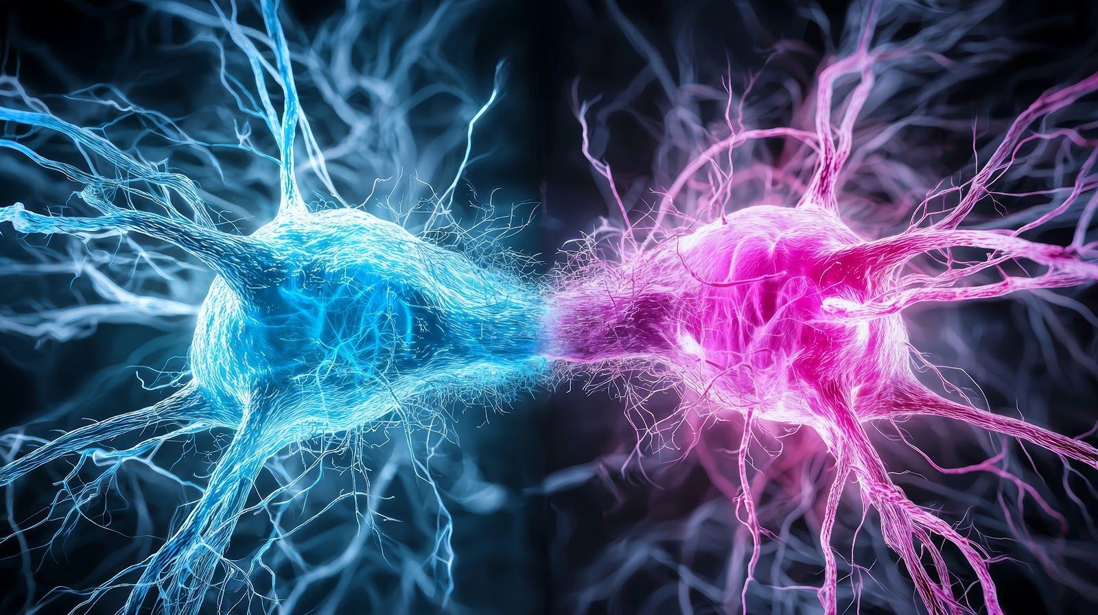 Two clusters of glowing neurons, one blue and one magenta, meeting at a bright point of contact against a dark background