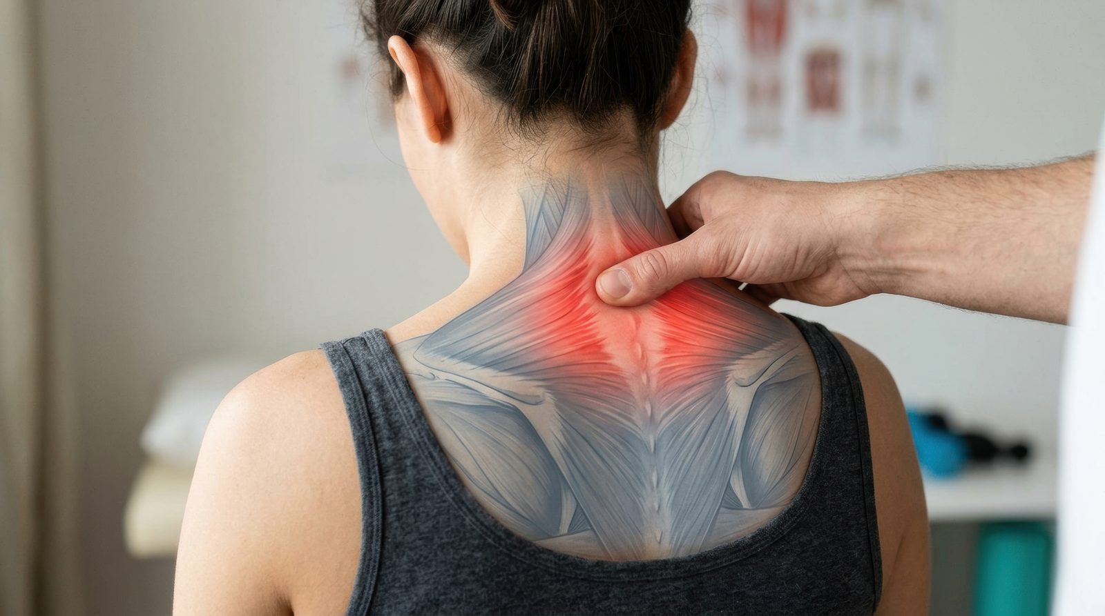 Anatomical overlay on a seated female patient highlights inflamed neck and upper trapezius muscles in red as a clinician palpates the cervicothoracic junction — Orthopedics 212: The Neck & Shoulder, a 2-hour chiropractic CE course