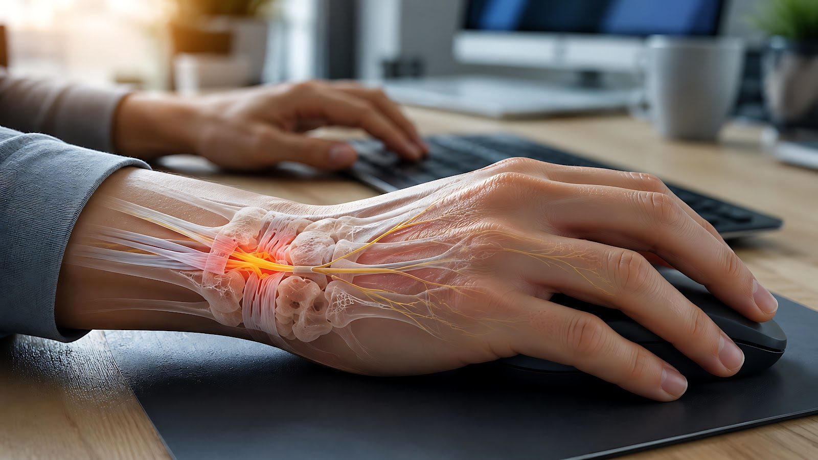 Hand resting on a computer mouse with the wrist’s bones and tendons shown in translucent overlay and a red glow at the carpal tunnel — Orthopedics 201, upper extremity nerve entrapment syndromes