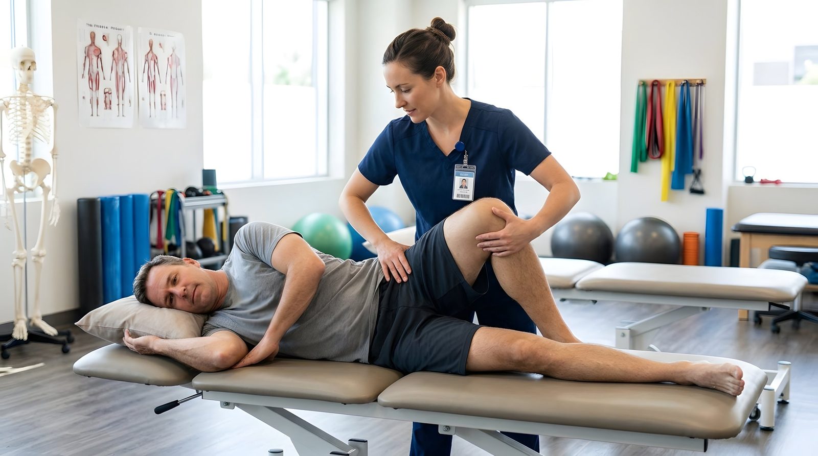 Clinician in navy scrubs examining the hip of a man lying on his side on a treatment table, knee flexed, in a bright rehab clinic with anatomy charts, resistance bands and exercise balls — the lumbopelvic-hip examination taught in Physical Therapy 205, a chiropractic CE course from CCEDseminars