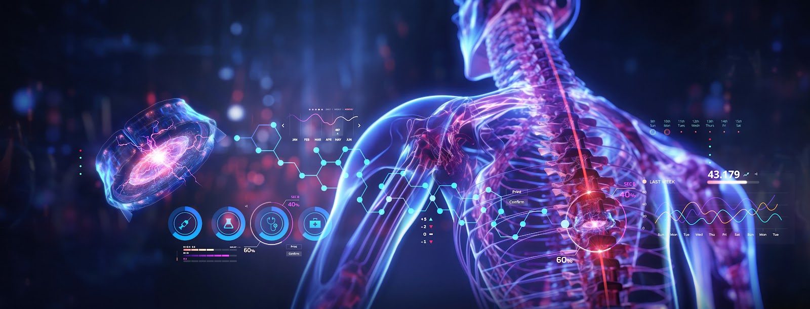 Digital medical visualisation of a human figure seen from behind with the spine and skeletal structure glowing pink and blue, overlaid with a holographic clinical dashboard of charts, gauges and assessment icons