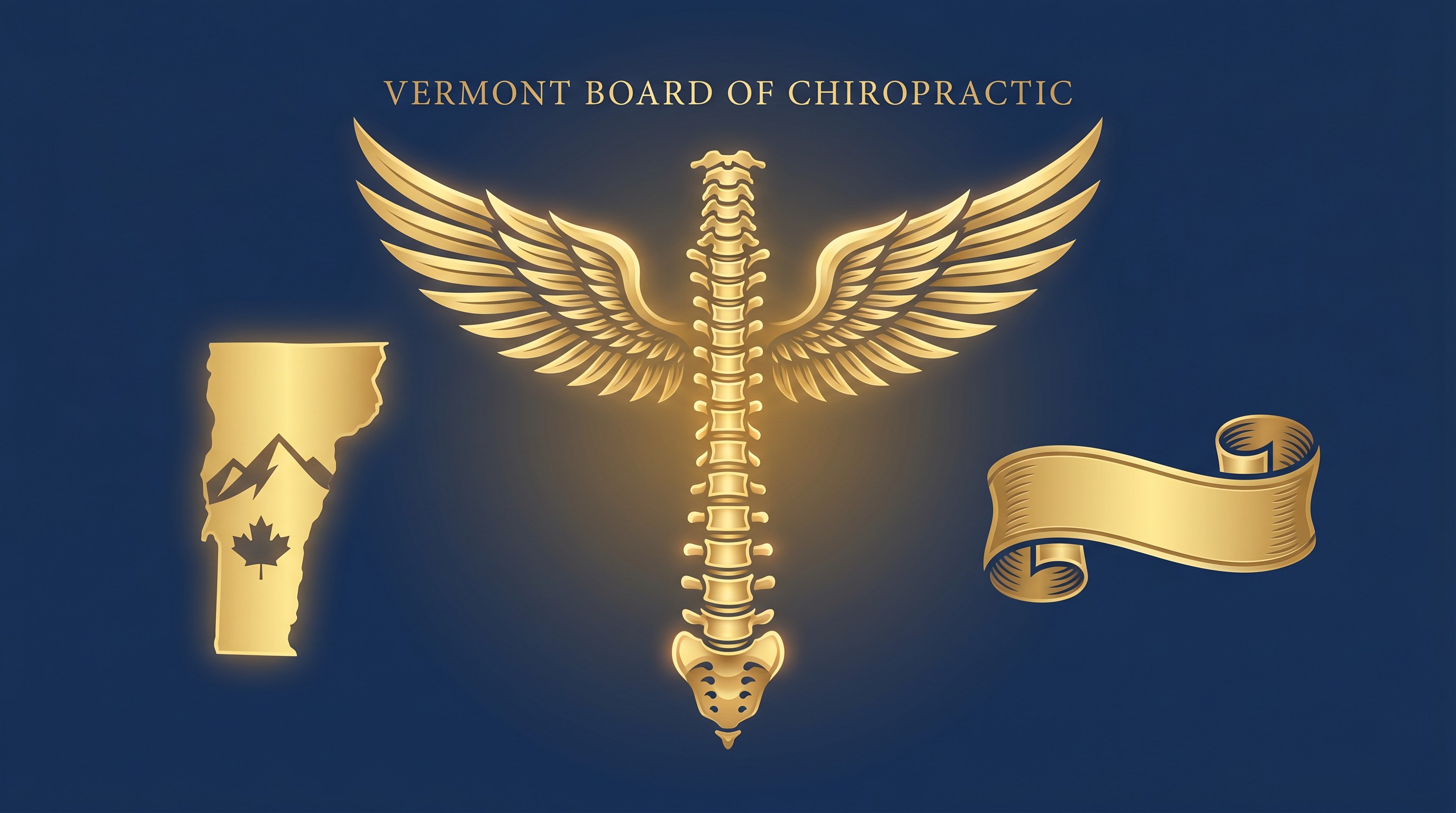 Vermont Board of Chiropractic continuing education hero graphic — gold winged spine insignia with Vermont state silhouette featuring Green Mountain peak and maple leaf, against deep navy background