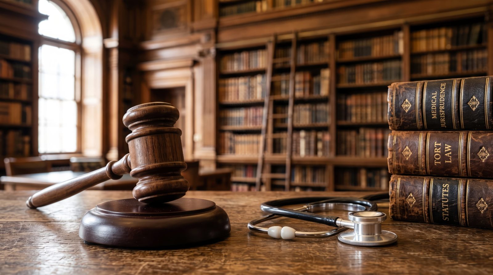 Wooden gavel on its sounding block beside a stethoscope and leather-bound volumes of medical jurisprudence, tort law and statutes in a law library — Ethics: TBCE Required & PACE Approved, live chiropractic CE webinar with Dr. Michael Hall, November 17, 2026, CCEDseminars