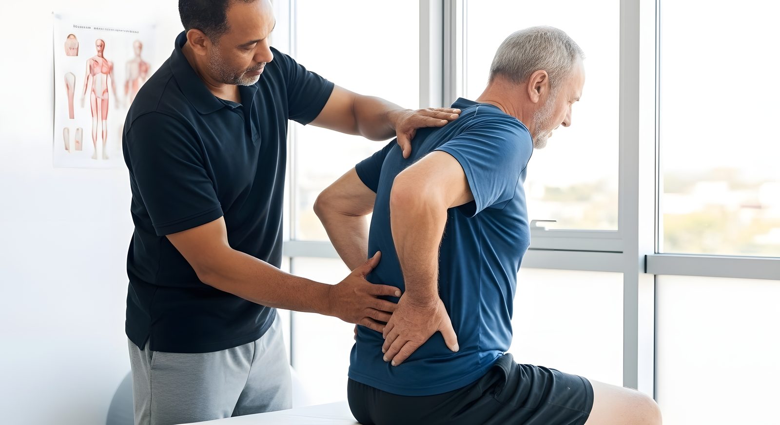 Chiropractor palpating the lumbar spine and pelvis of a seated older patient with low back pain — Adjusting & Manual Therapy 209: Lumbar & Pelvic Techniques online chiropractic CE course