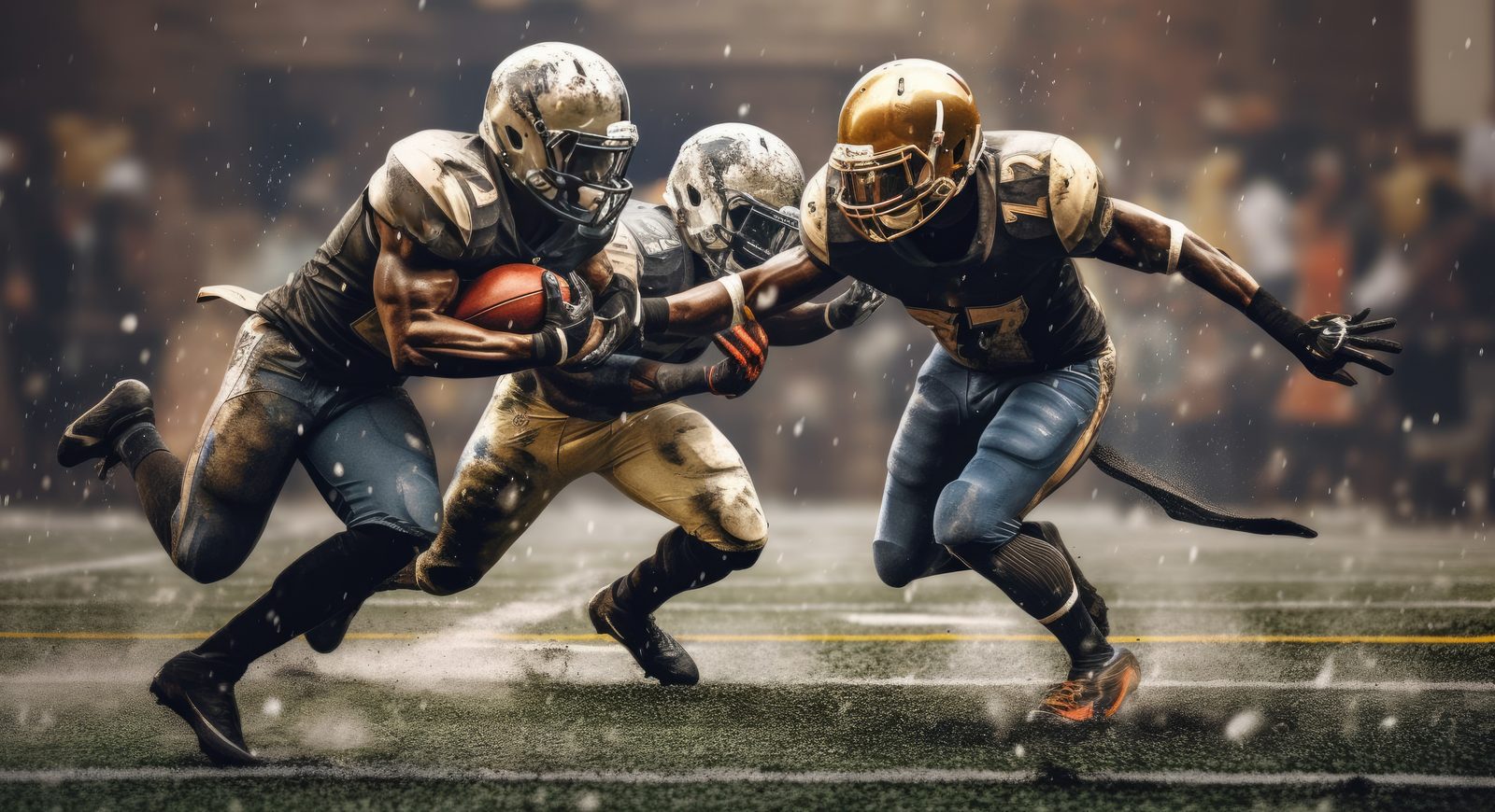 Football ball carrier planting to cut through two tackling defenders on a rain-soaked field &mdash; Athletic Injuries 208: Football Injuries &ndash; Turf Toe online chiropractic sports medicine CE course