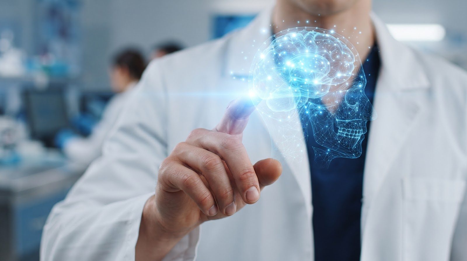 Doctor in a white coat and blue scrubs touching a glowing holographic blue brain and skull projection with an index finger, a laboratory setting blurred behind