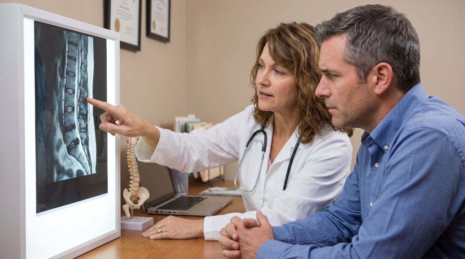 Clinician pointing to a sagittal lumbar spine MRI on a light box while a seated patient looks on, spine model and diplomas in the background — Case Studies & Clinical Pearls 205: Lumbar Spine Diagnosis online chiropractic CE course