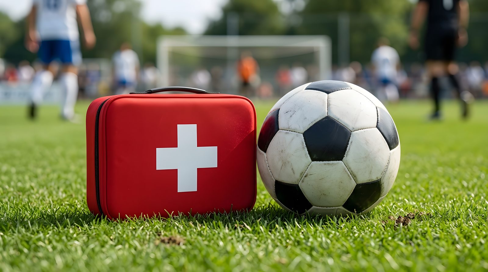 Red first aid kit beside a soccer ball on the sideline of a grass field with a match in play behind — Athletic Injuries 203: Emergency Procedures for the Sideline Physician online chiropractic sports medicine CE course