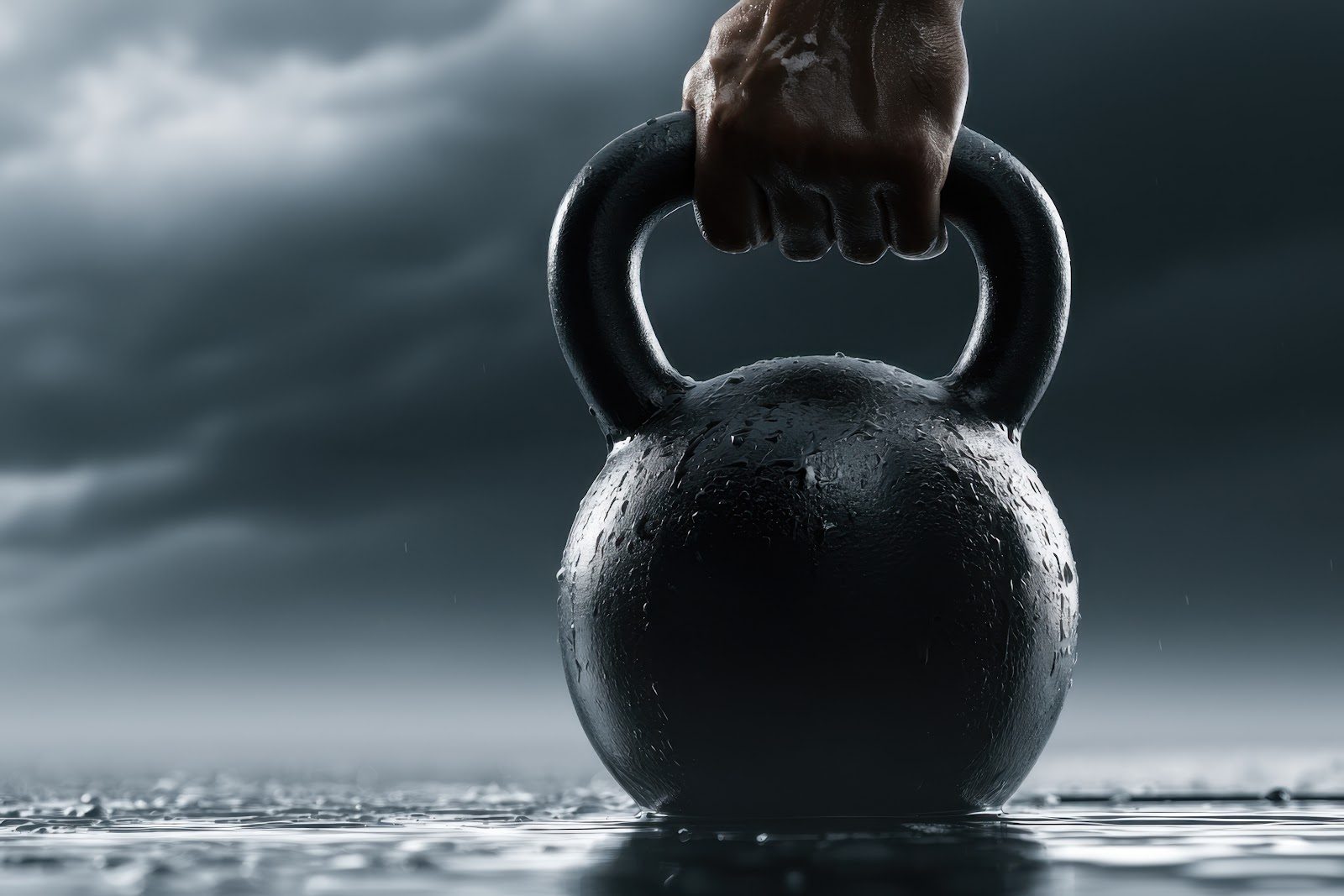 Hand gripping the handle of a black kettlebell resting on a wet surface against a dark sky