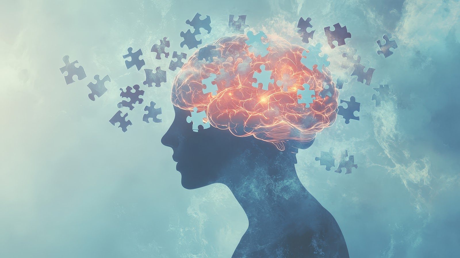 Silhouette of a human head and shoulders in profile with a glowing orange brain inside, dissolving into scattered jigsaw puzzle pieces against a pale teal background