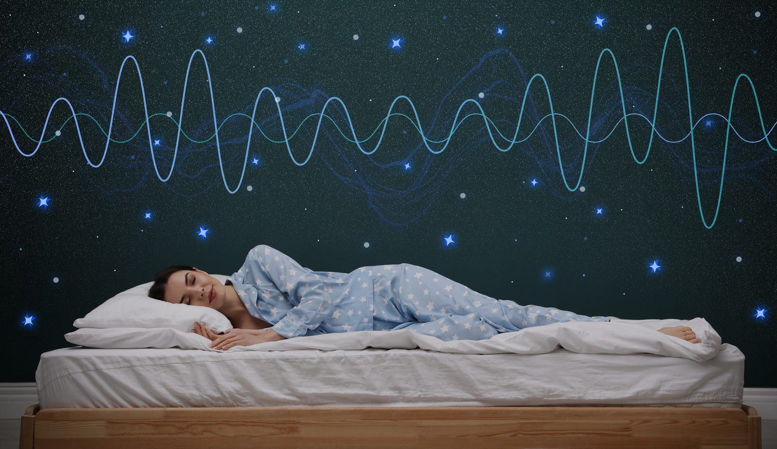 Woman asleep on her side in star-print pajamas beneath a starry wall with glowing brain-wave lines — Sleep and Longevity: Circadian Rhythm, Nocturnal Oxygen & Cognitive Resilience live chiropractic CE webinar with Dr. Michael Hall, December 10, 2026, CCEDseminars