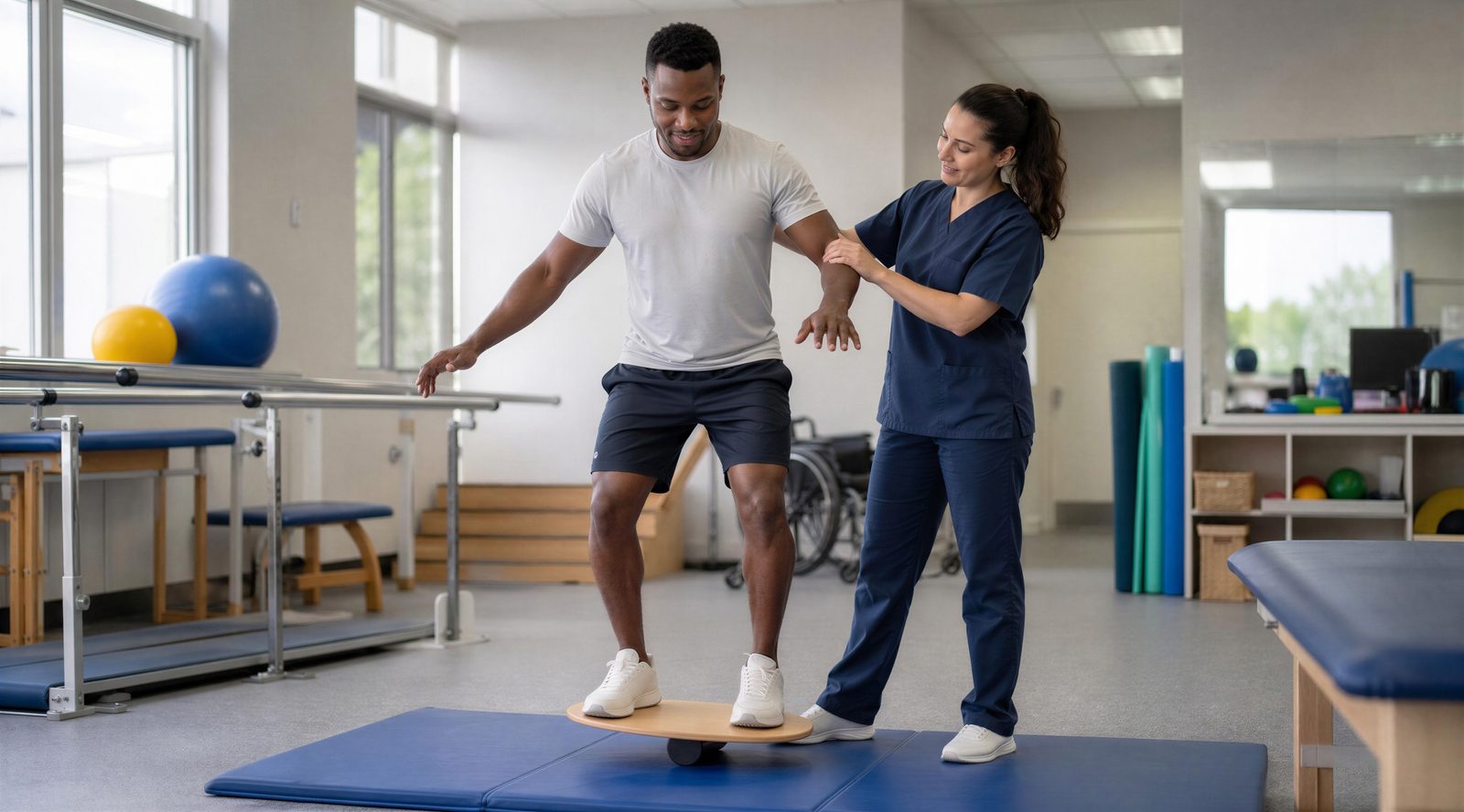 Rehabilitation clinician guiding a patient performing balance-board training on a mat in a modern therapy gym — Orthopedics 218: The Floppy Ankle, a 2-hour chiropractic CE course on chronic ankle instability