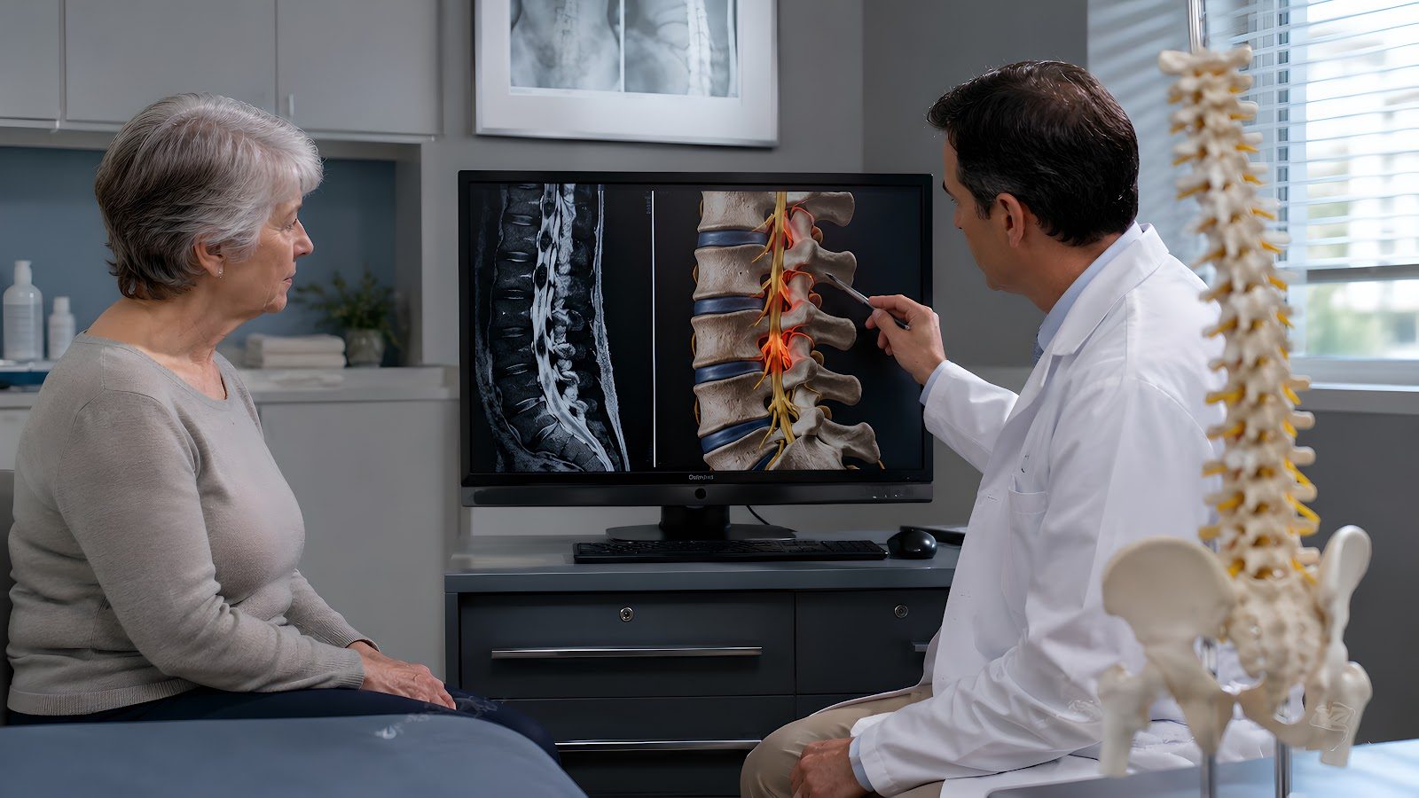 An older woman seated beside a clinician who points to a spine image on a monitor in a clinic — the pain-management consultation that Nutrition 249 teaches chiropractors to run with nutritional strategies rather than medication