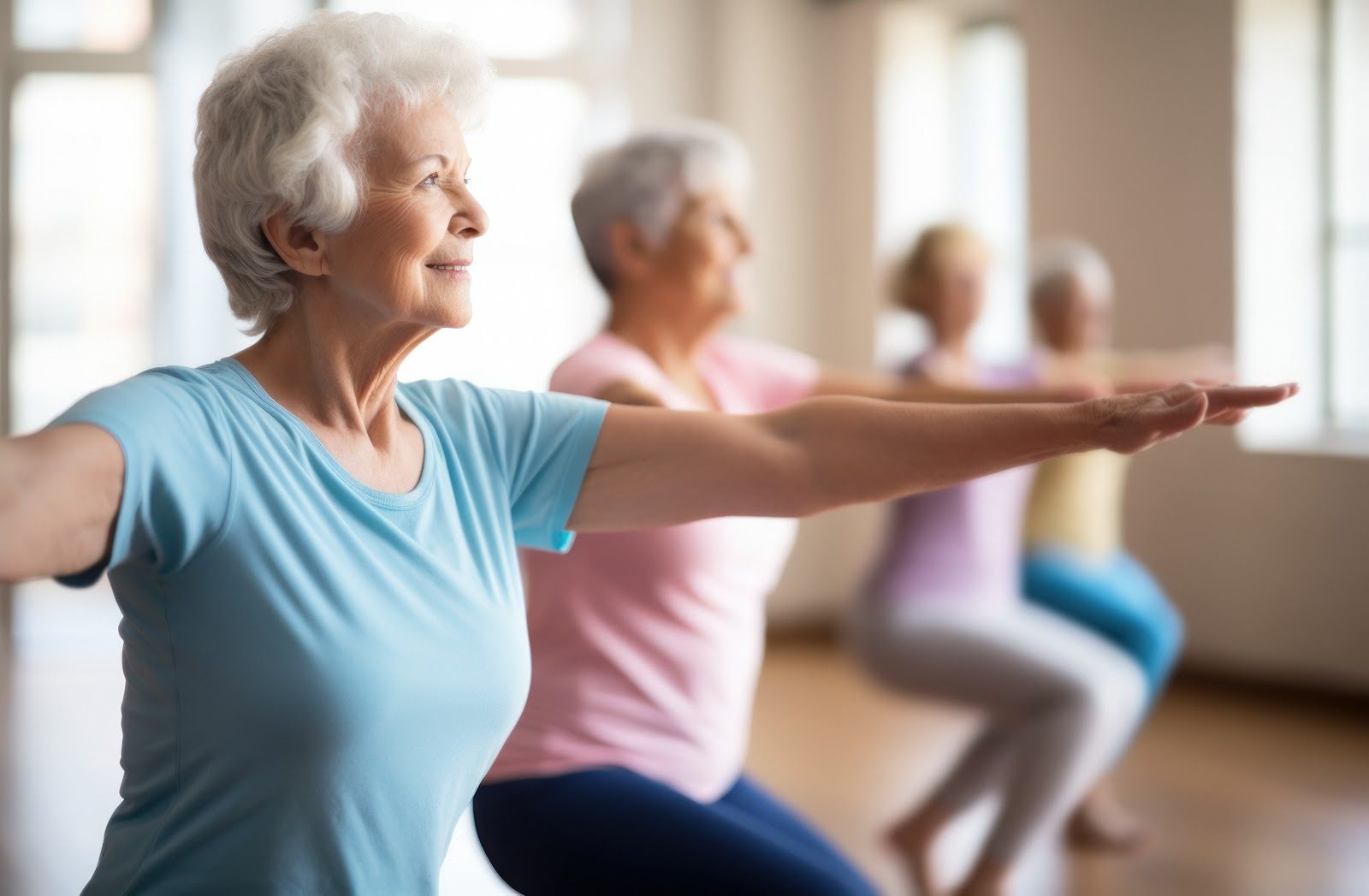 Group of older adults in an exercise class with arms extended forward in a bright studio, a smiling woman in a light blue top in the foreground